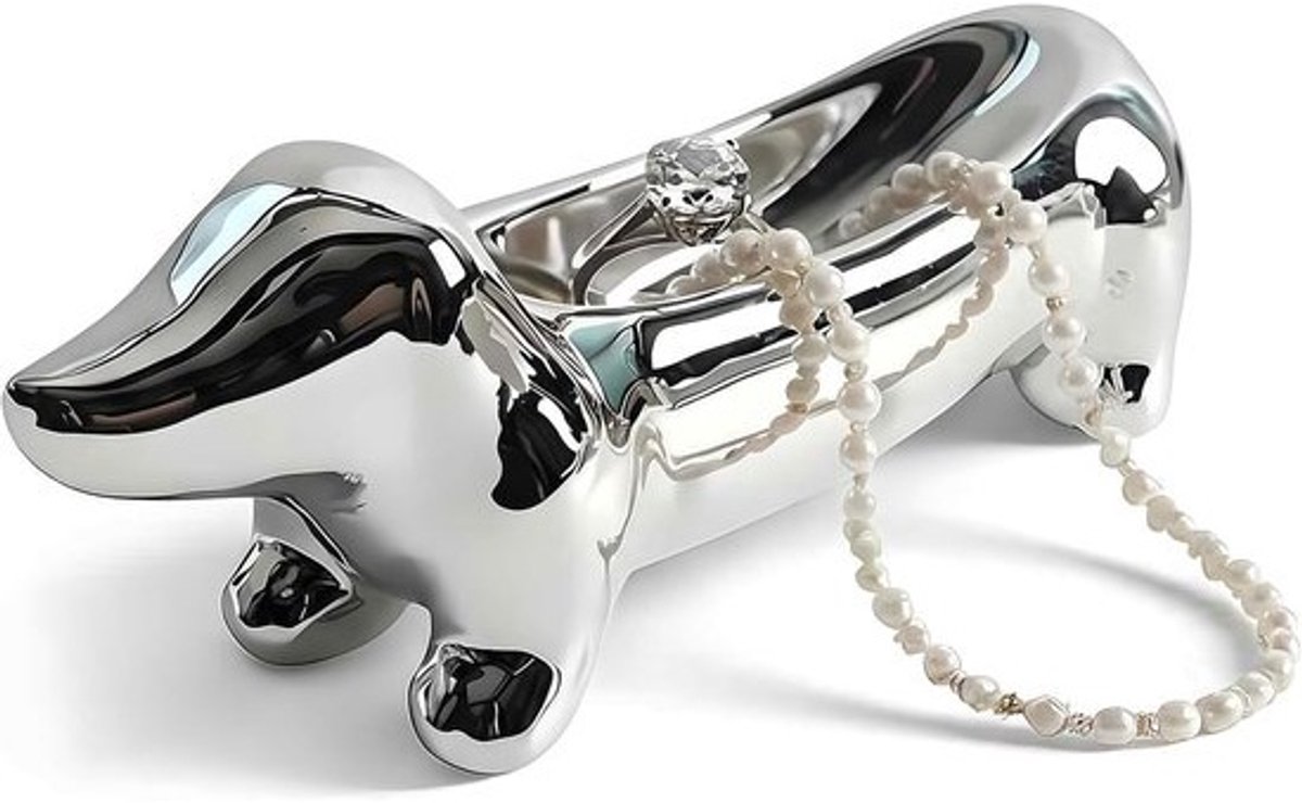 Ringhouder Teckel - Sieradenhouder Kettingopslag - Bureau Decoratie - Handgemaakte Keramiek - 15 x 7 cm - Zilver