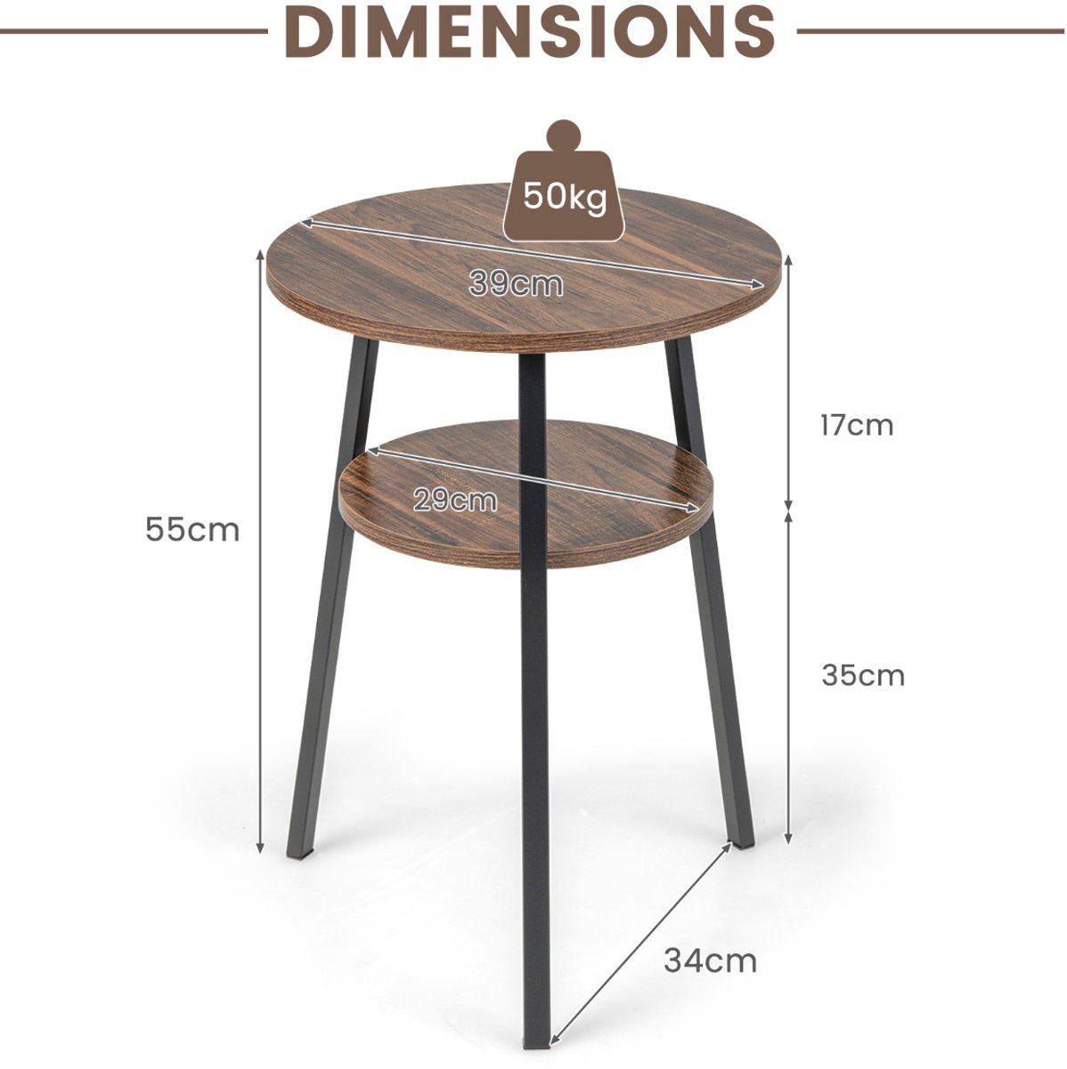 SureDeal® - Salontafel - Bijzettafel - Niveaus Rond Nachtkastje - Metalen - 39x39x57 cm - Koffiebruin