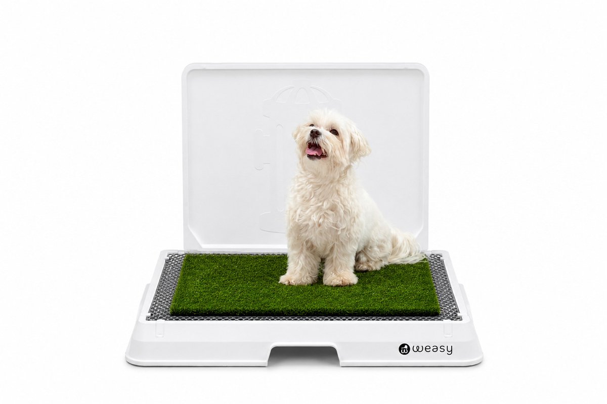 Weasy – Slim potje voor honden – Met beenhefwand - Wit en grijs – Klein – Met Weasy Bag en synthetische grasmat