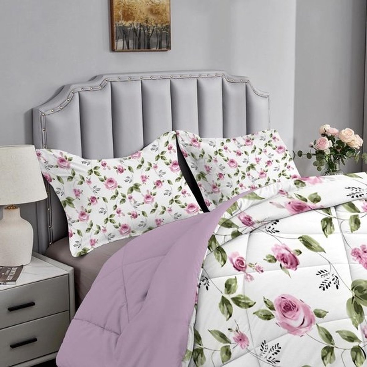 Kingsize Dekbed - Dekbedset Dekbedovertrek - Comfortabel Slapen - Dubbelzijdig Bloemenpatroon - 230x220cm - Lichtgrijs