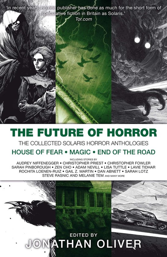 Boekomslag 'The Future of Horror' met een collage van donkere, angstaanjagende illustraties, waaronder een vrouw, monsters en vogels. De titel en auteursnamen zijn prominent aanwezig.