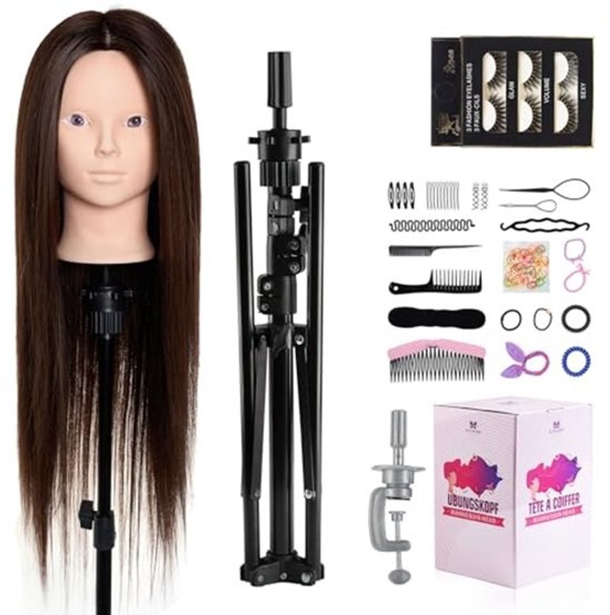 Oefenhoofd voor Kapsels en Make-up, 71 cm, 60% Echt Haar, Inclusief Tafelklem en DIY Haarset