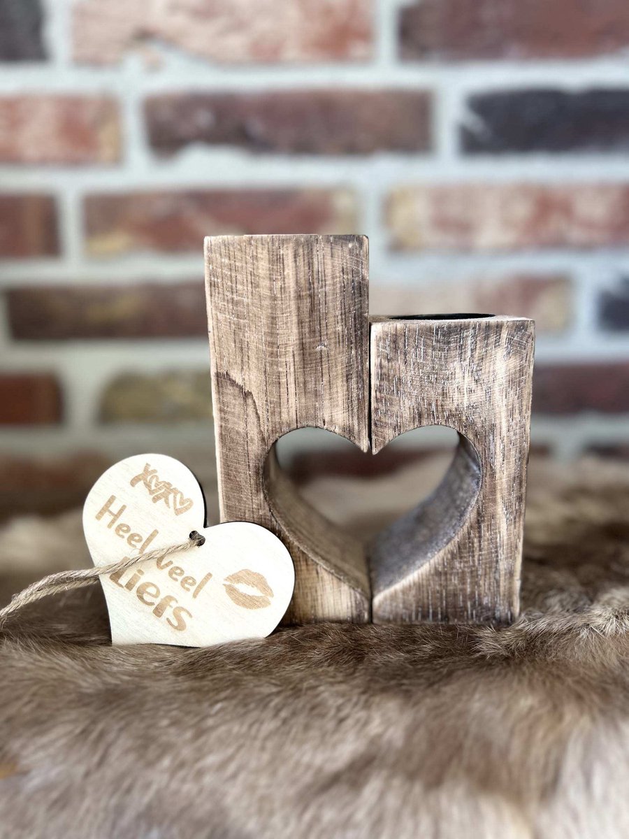 Creaties van hier – waxinehouder hart set 2 - 15x12cm - natural - met houten hartje