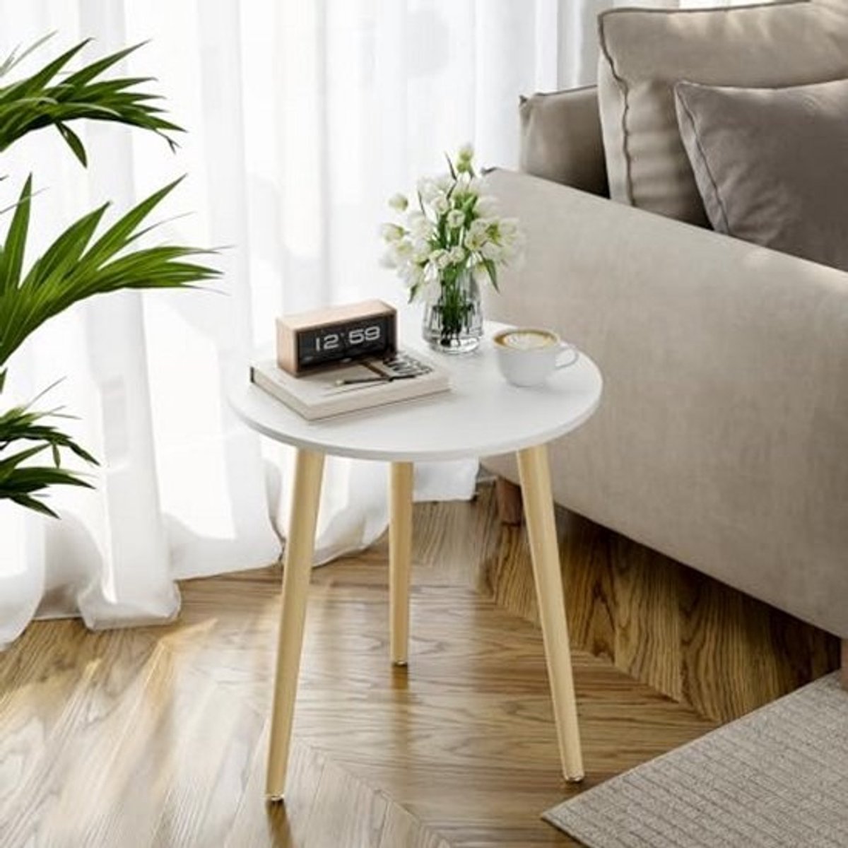 Ronde Bijzettafel Ø 42 cm met Houten Poten – Scandinavische Stijl voor Woonkamer en Slaapkamer