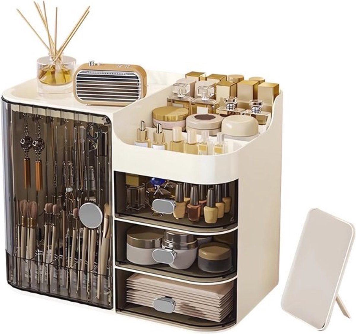 Make-up Organizer met Spiegel en 3 Laden - Zwart-Crème