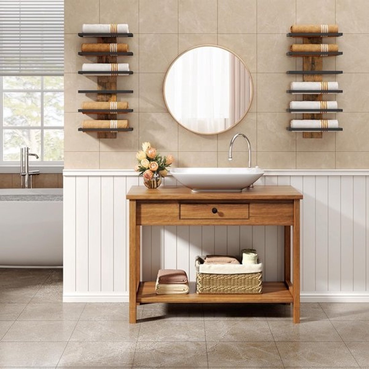 Wijnrek voor aan de muur met 6 niveaus - Stijlvol houten en metalen flessenrek voor keuken en eetkamer — cadeau in Wonen & Interieur - foto 2
