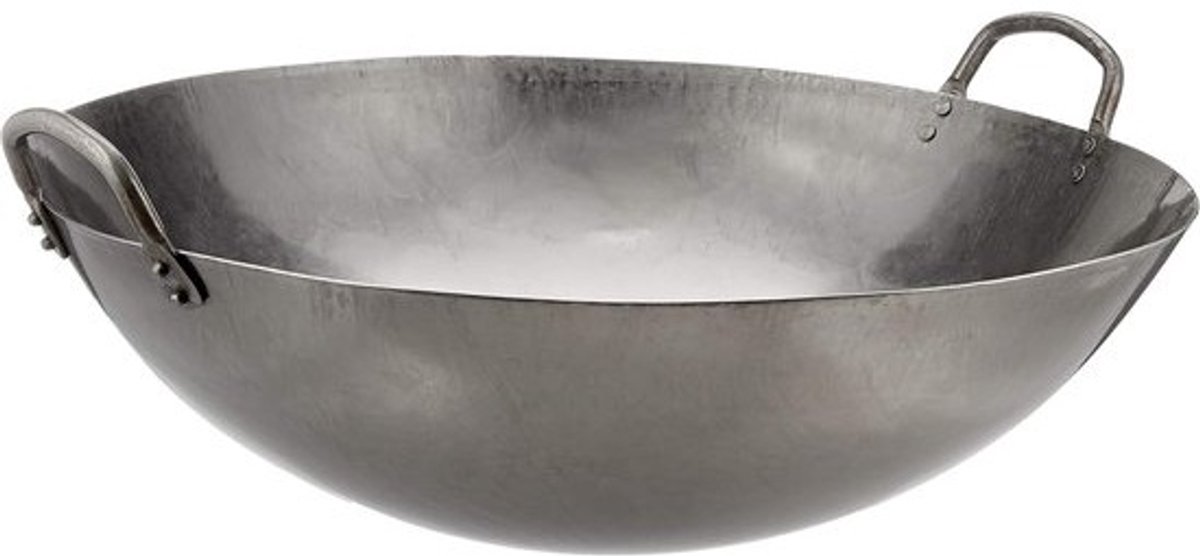 Wokpan Koolstofstaal - Roerbakpan Rond - Aziatisch Koken - Twee Handgrepen - 12 Liter Capaciteit - Grijs