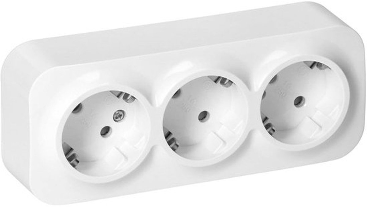 Drievoudig Opbouw Stopcontact Wit - Oppervlaktecontactdoos 16A/230V IP20 met Glanzende Afwerking