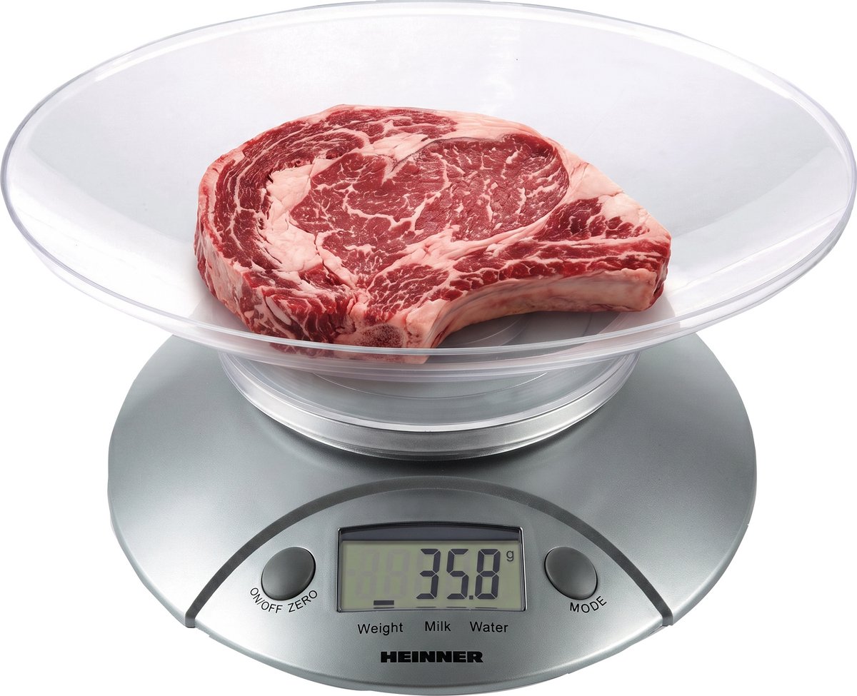 Heinner Digitale Keukenweegschaal met Kom – Maximaal 5 kg – Water- en Melkvolume – Tarrafunctie – LCD-display – Automatische Uitschakeling – Zilver/Transparant