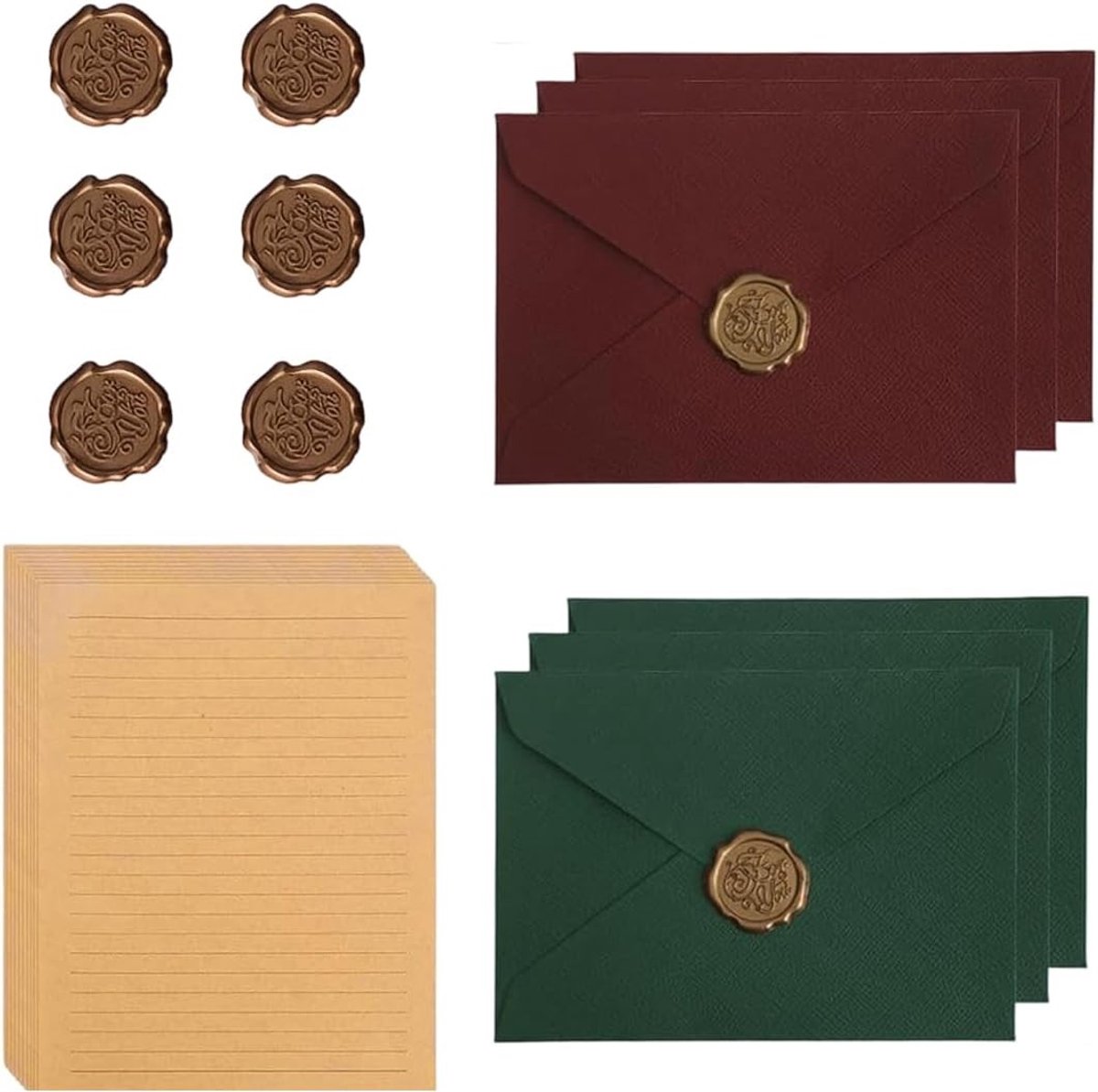 Complete set voor briefpapier met 10 A5 vellen, 6 vintage enveloppen en 6 waszegels, perfect voor brieven, uitnodigingen en speciale gelegenheden