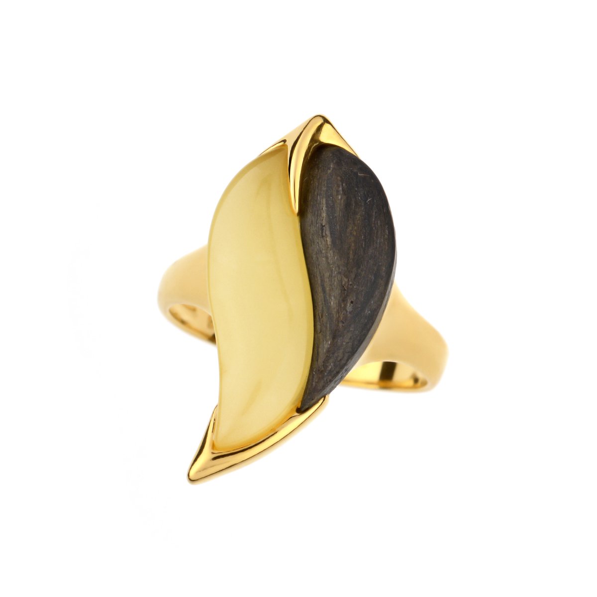Cavill - Zilveren Ring met 1,65 ct Mistige Baltische Barnsteen en 0,7 ct Veeneik - Verguld 925 Sterling Zilver - Moderne Natuurlijke Sieraden Cabochon