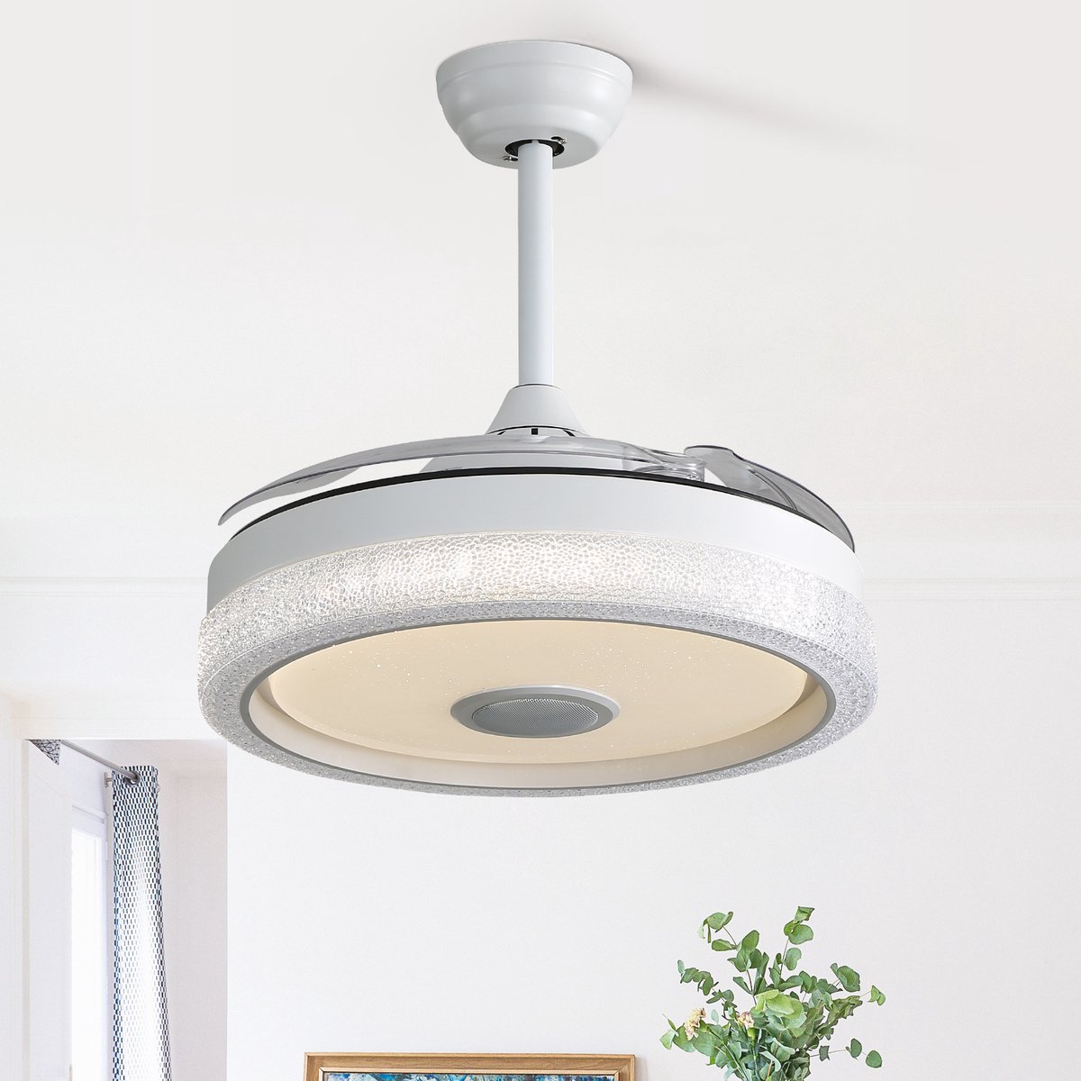 DESMIU Plafondventilator Met Verlichting 42 Inch - 32W Verlichting Met RGB En Drie Lichtkleuren - Voor Slaapkamer, Woonkamer En Bureau - PC - Wit