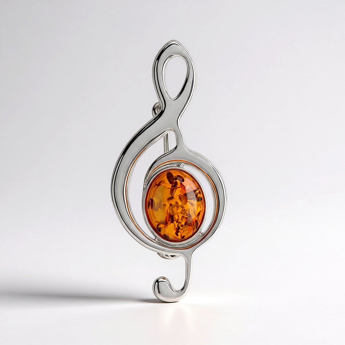 Cavill - Broche Zilver 925 Sterling met 1,15 ct Cognac Baltische Barnsteen - Ovale Cabochon - Muzikaal Sleutel Design - Elegant