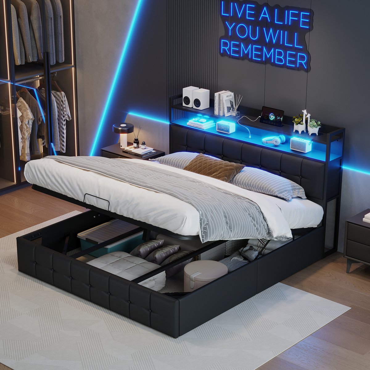 Tweepersoonsbed 140x200 cm, volwassen bed met LED en opbergruimte, gestoffeerd hoofdbord met vakken, opbergbed, PU, zwart, zonder matras