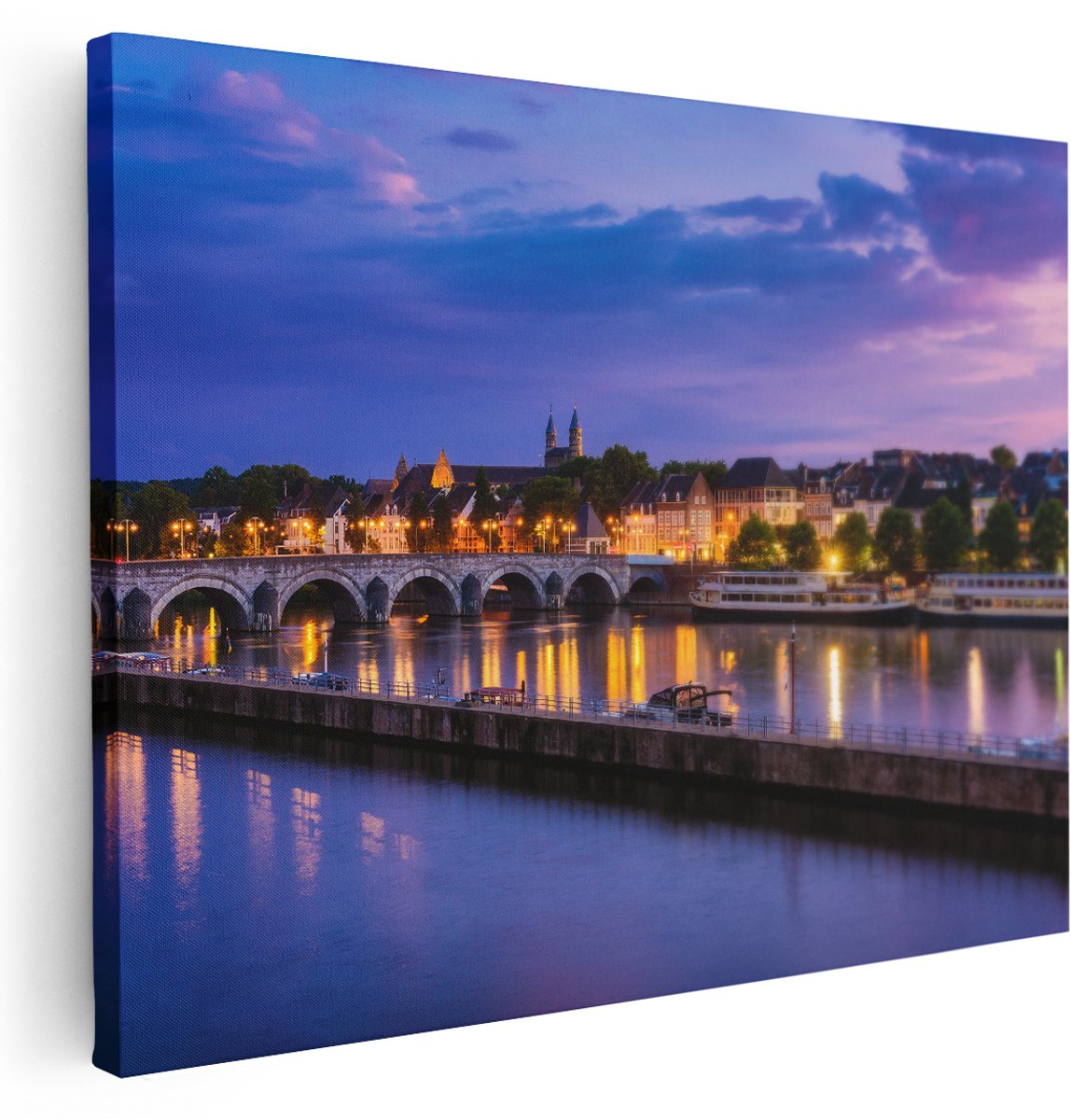 Artaza Canvas Schilderij Maastricht Maas Rivier bij de Sint Servaasbrug - 160x120 cm - Groot - Wanddecoratie Woonkamer - Schilderijen - Muurdecoratie