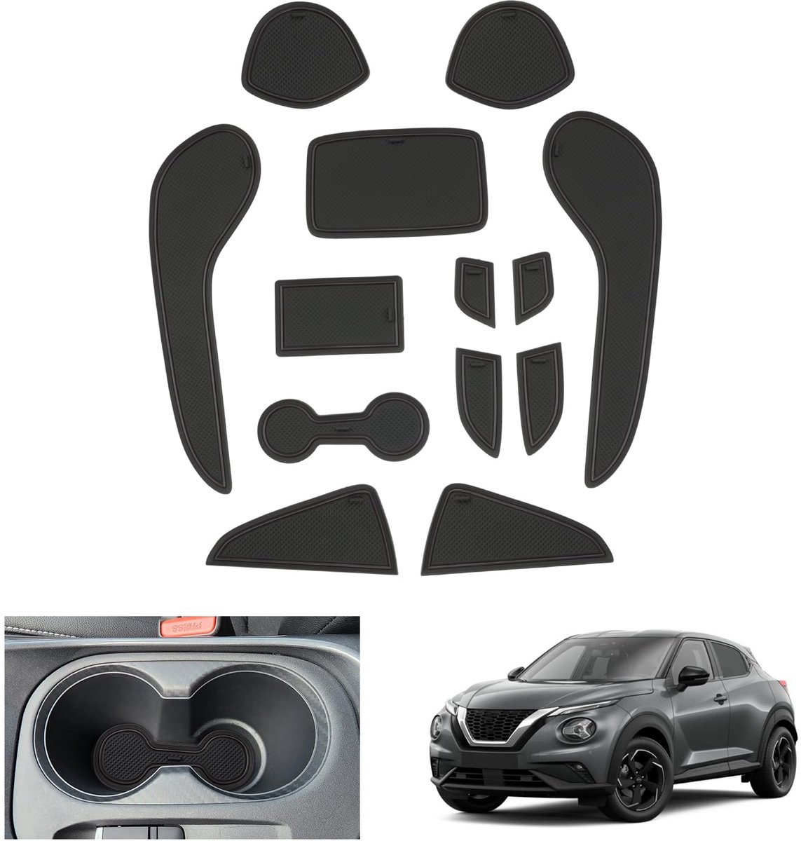 Rubberen Antislip Matten Set - Voor Nissan Juke F16 Hybrid (met Elektronische Handrem) - Middenconsole & Deurnaden - Zwart - Modeljaar 2020 2021 2022 2023 2024 2025