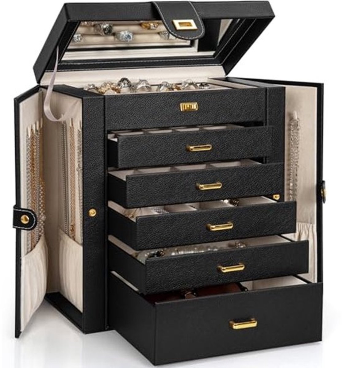 Grote Sieradenbox Organizer met Spiegel - Functionele en Vergrendelbare Sieradenopslag voor Vrouwen