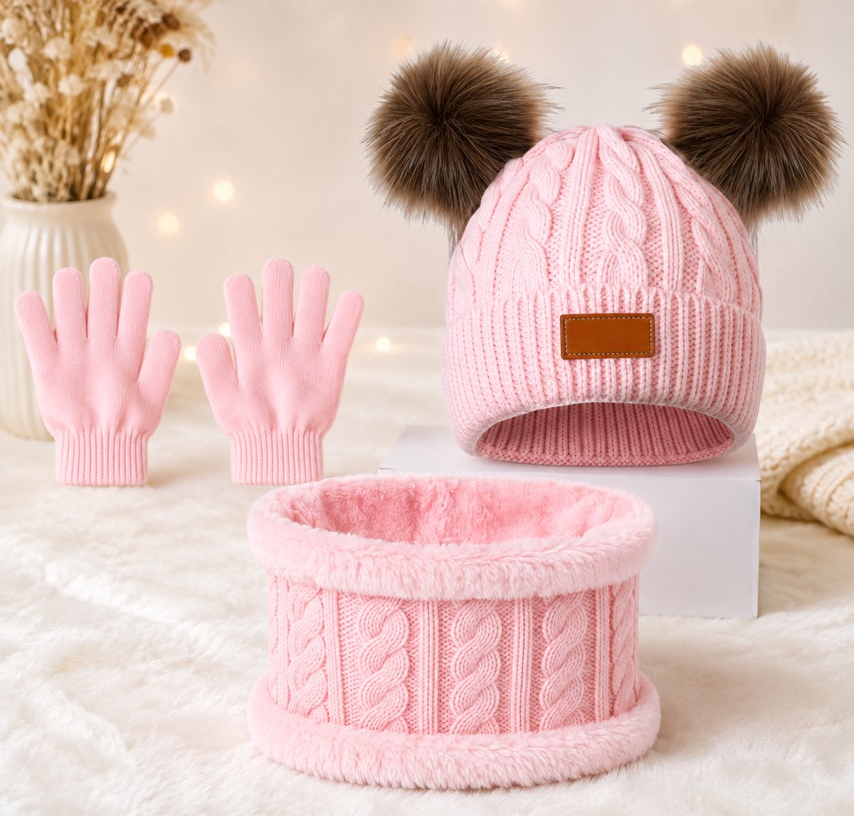 Gebreide kindermuts met halsband en handschoenen, 3-delige set, warme winteraccessoires voor meisjes en jongens