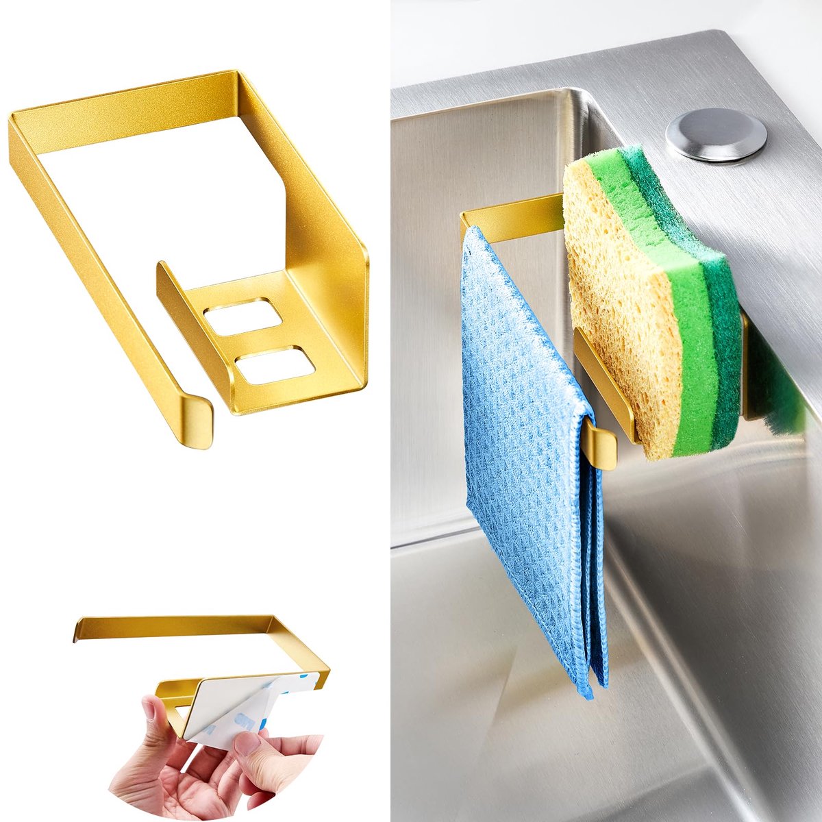 Sponshouder - Zelfklevend 2-in-1 Spons- en Vaatdoekhouder voor Spoelbak en Keuken - Goudkleurig RVS