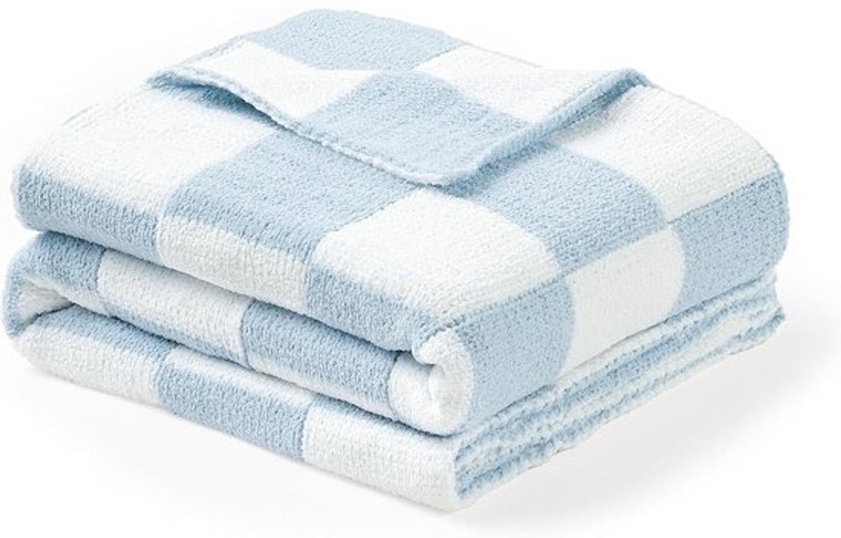 CREVENT Behaaglijke zachte, warme chenille babydeken voor meisjes en jongens, onmisbaar voor pasgeboren baby's, kraamcadeau, blauwe ruit 75 x 100 cm