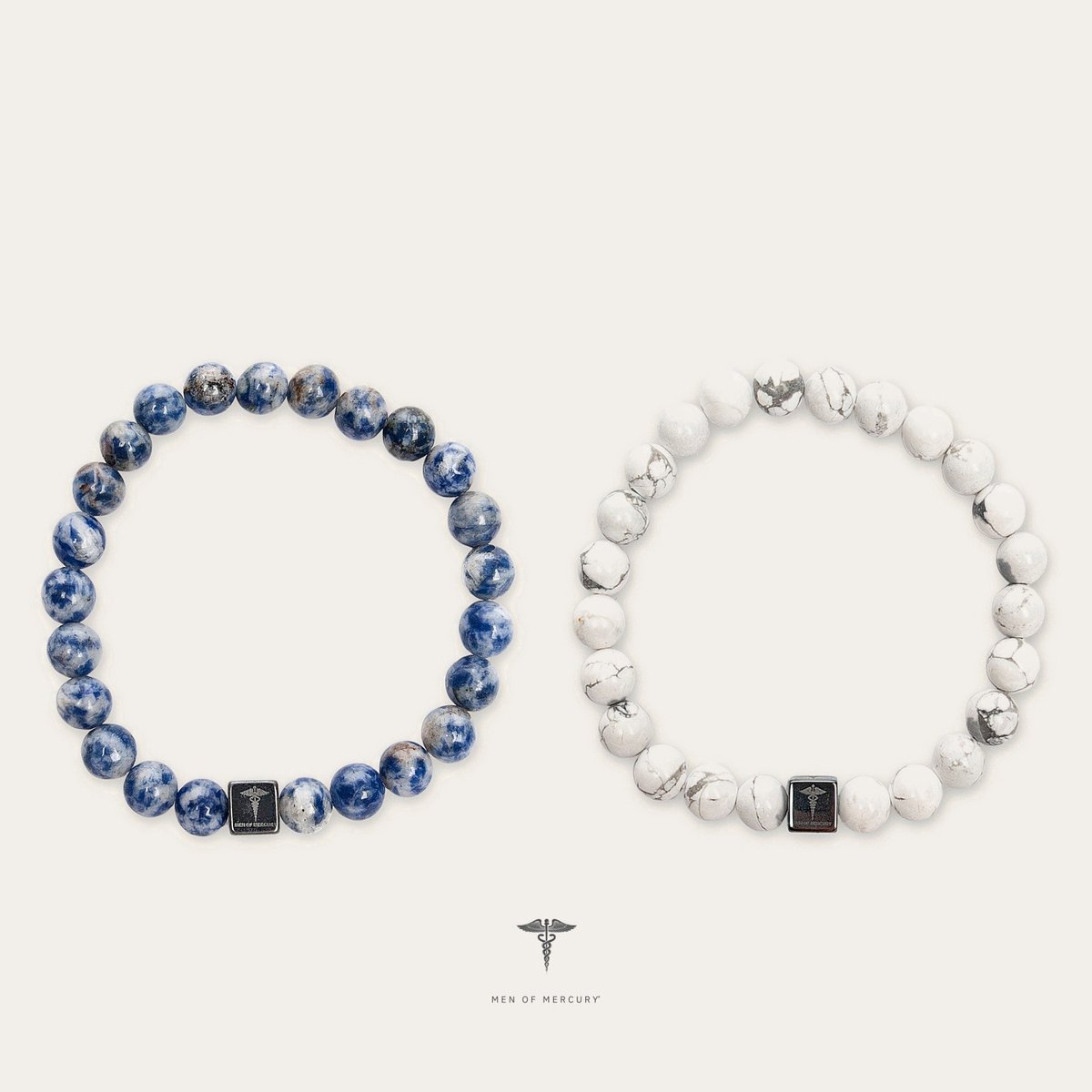 MEN OF MERCURY® Natuursteen Armbanden Heren - Set van 2 - Sodaliet & Witte Howliet - Handgemaakt - Elastisch - Spirituele Betekenis - Cadeauverpakking - 20 cm
