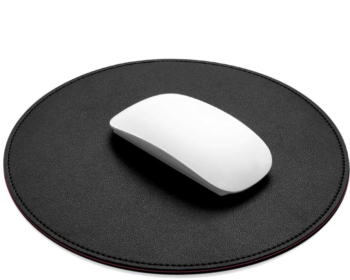 PU-leren Muismat - Rond - Waterdicht - Met gestikte randen en antislip onderkant - Voor thuis, kantoor, gaming, computer, laptop - Zwart - Ø 220 mm