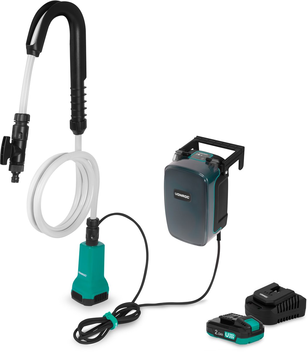 VONROC Accu Regentonpomp 20V - 80W - 1800 l/u - 1,75 bar – Met droogloopbeveiliging - Incl. 2.0Ah accu en snellader