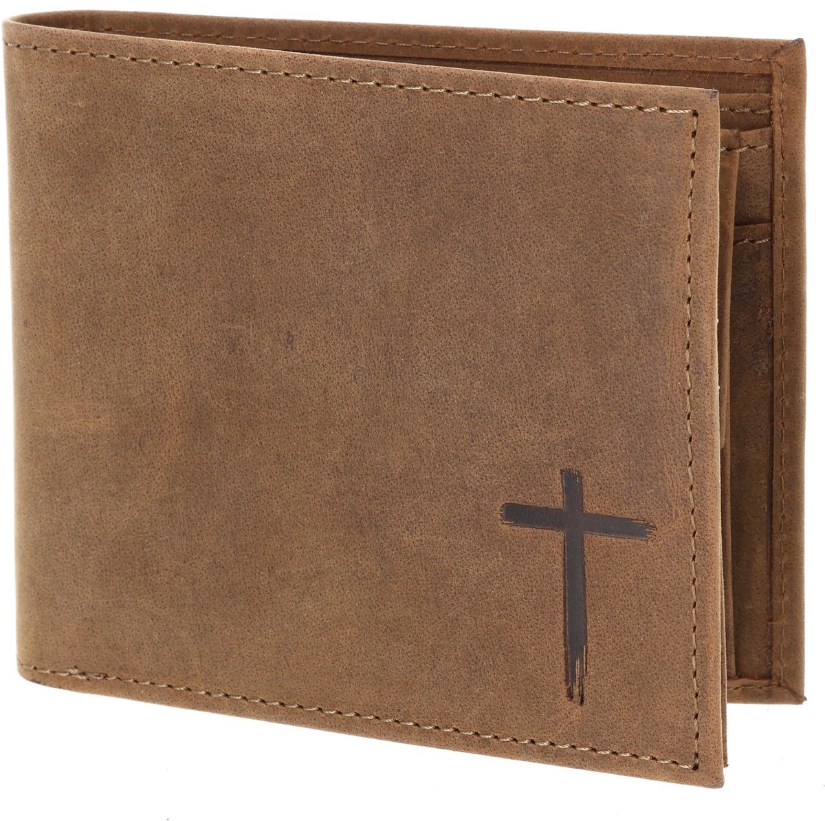 oxmox Leren portemonnee Leather RFID Protect Querscheinbörse Freedom Cross Embossed Vintage Light Brown bruine