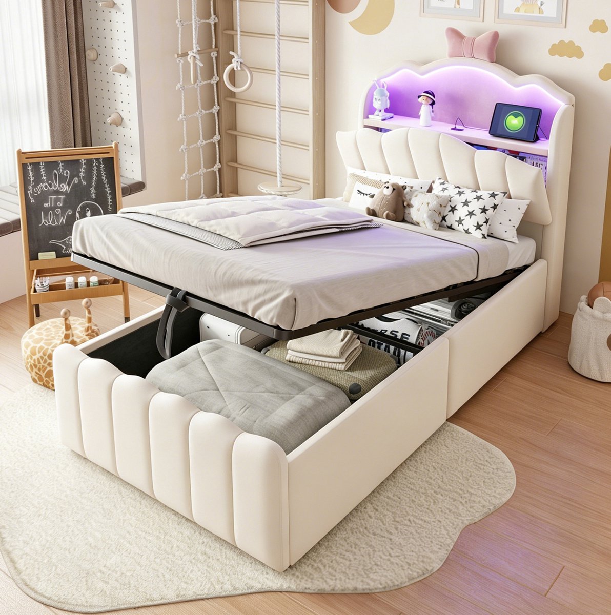 Kinderbed – 90 x 200 cm – Met Opbergruimte, LED-Verlichting, USB- en USB-C – Stof Metaal – Beige – Kinderkamer