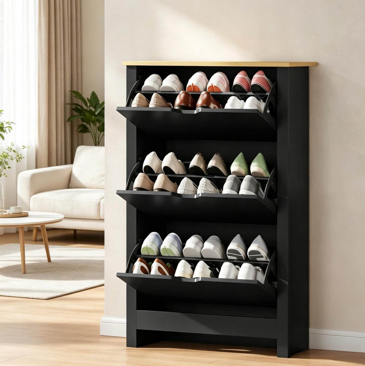 DESMIU Schoenenkast - 3 Kleppen Met Verstelbare Indeling - Modern Design Voor Hal En Garderobe - Spaanplaat - Zwart - 72x26x112 Cm