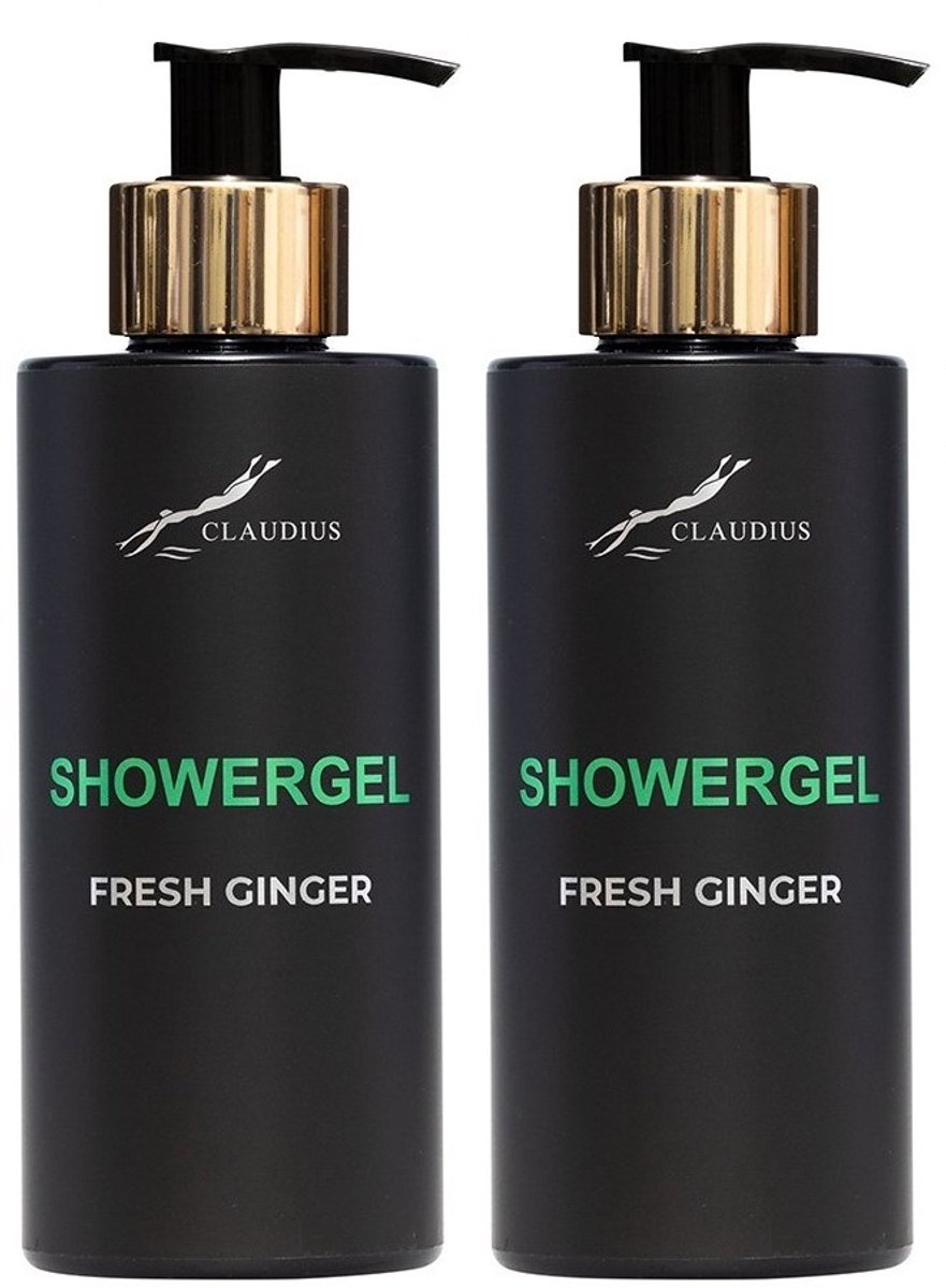 Showergel Fresh Ginger 300 ml - met gouden pomp - zwarte fles - set van 2 stuks - Voordeelverpakking