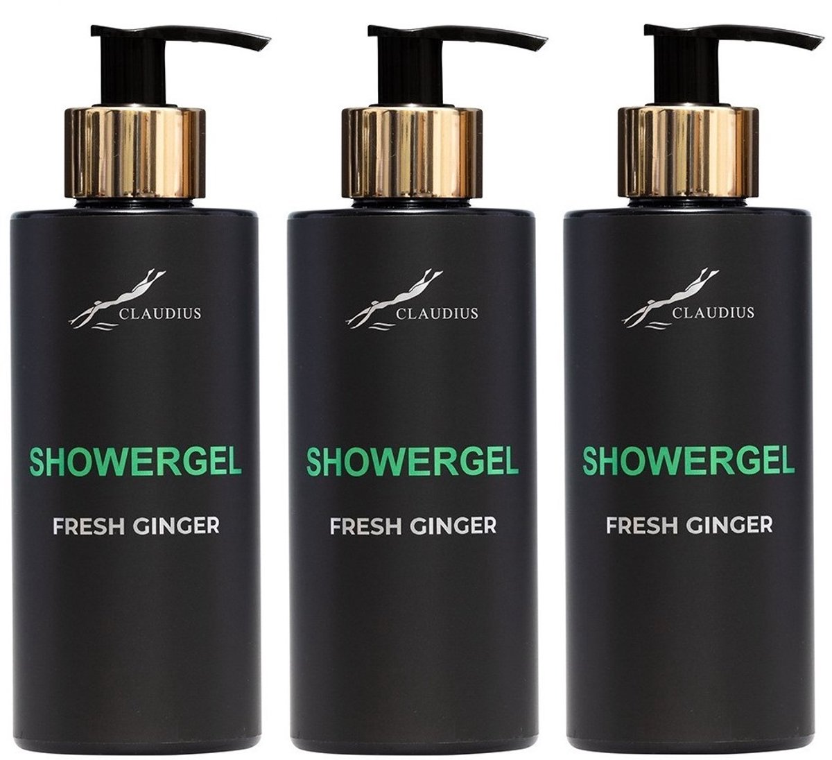 Showergel Fresh Ginger 300 ml - met gouden pomp - zwarte fles - set van 3 stuks - Voordeelverpakking