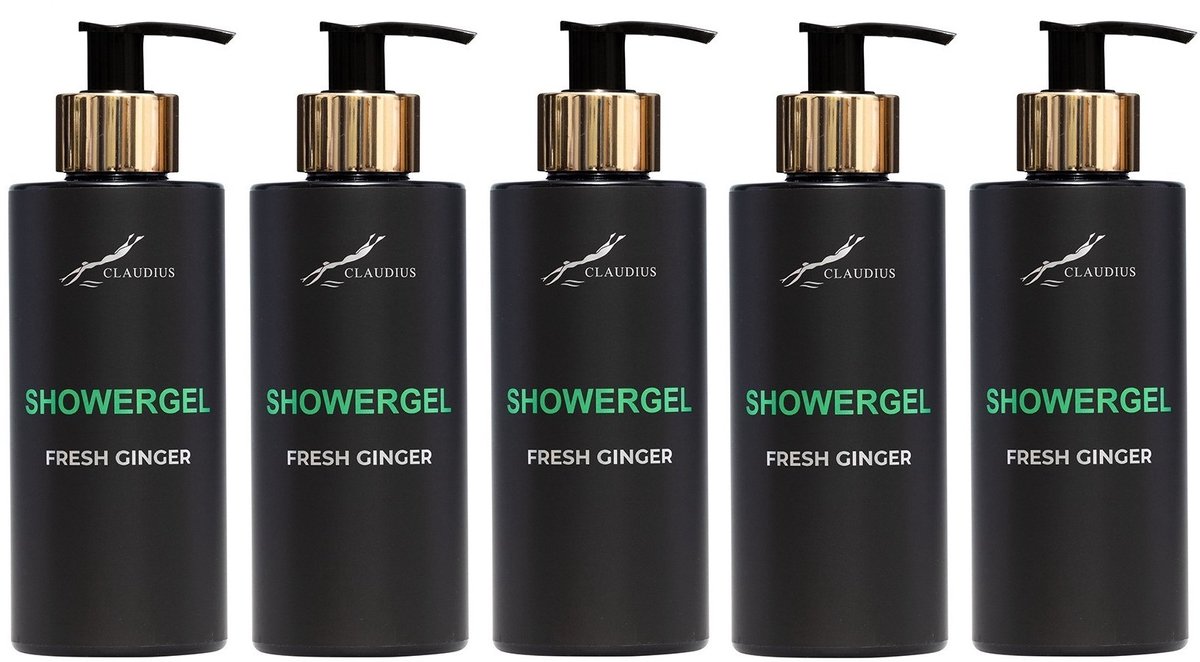 Showergel Fresh Ginger 300 ml - met gouden pomp - zwarte fles - set van 5 stuks - Voordeelverpakking