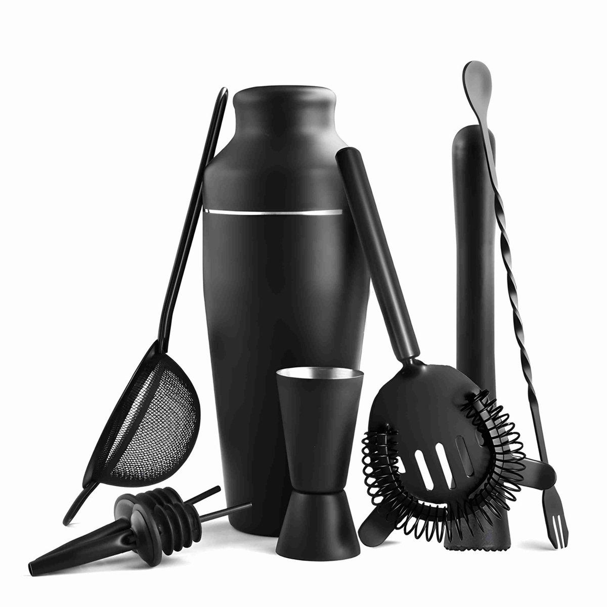Wishdor Cocktailshaker set 8-delig - Complete RVS bartools met maatbeker stamper en dubbele zeef - Cadeau voor thuis en professioneel gebruik - Mat zwart