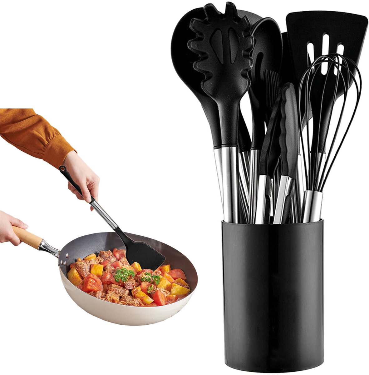 MODFU Silicone Keukengerei Set 12-delig – Zwart – Hittebestendig tot 230°C – BPA-vrij & Krasvrij – Met Spatels, Lepels, Garde & Opbergbak – Eenvoudig Schoon te Maken