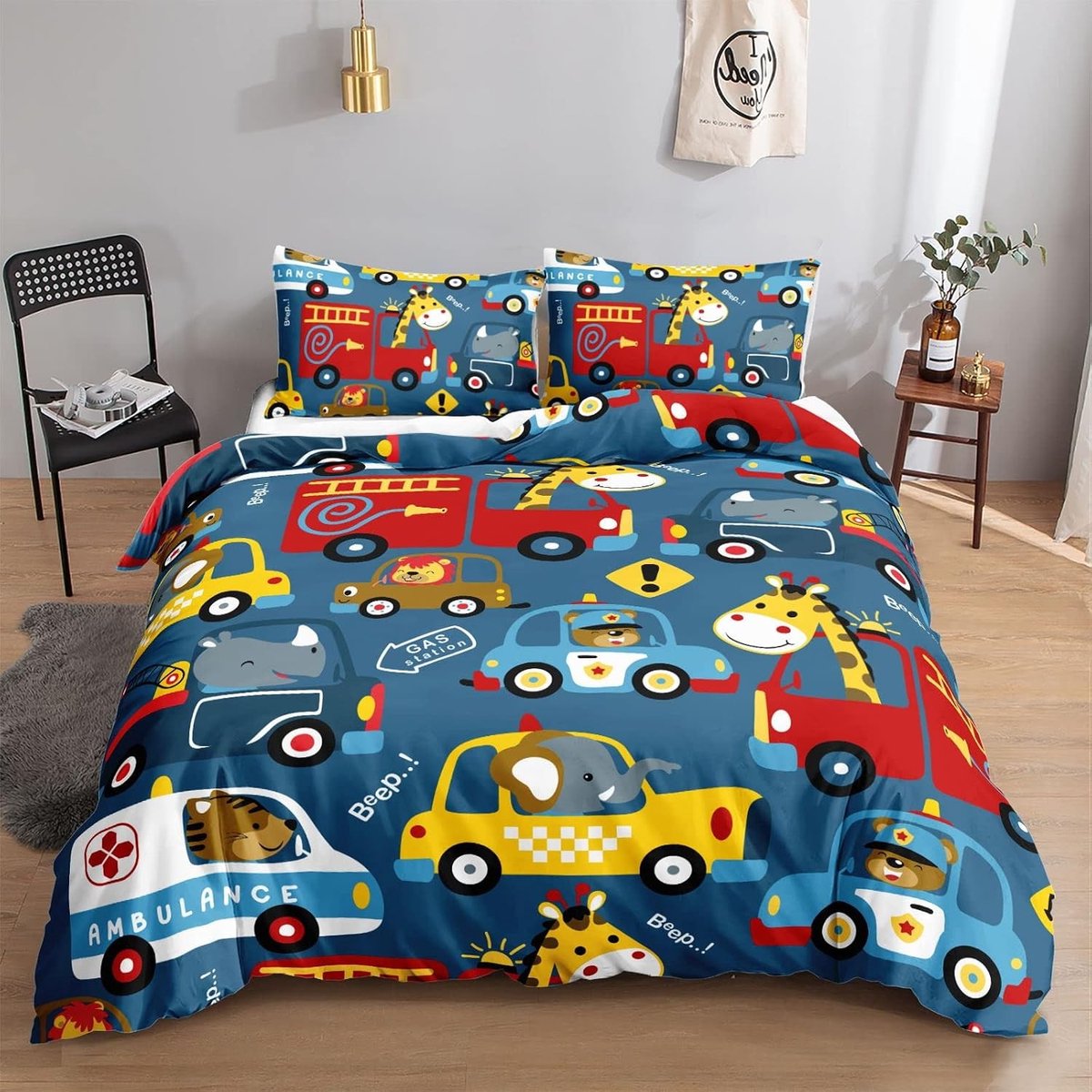 Leuke Watercolor Cartoon Auto Dekbedovertrekset voor Volwassenen en Kinderen met 2 Kussenslopen