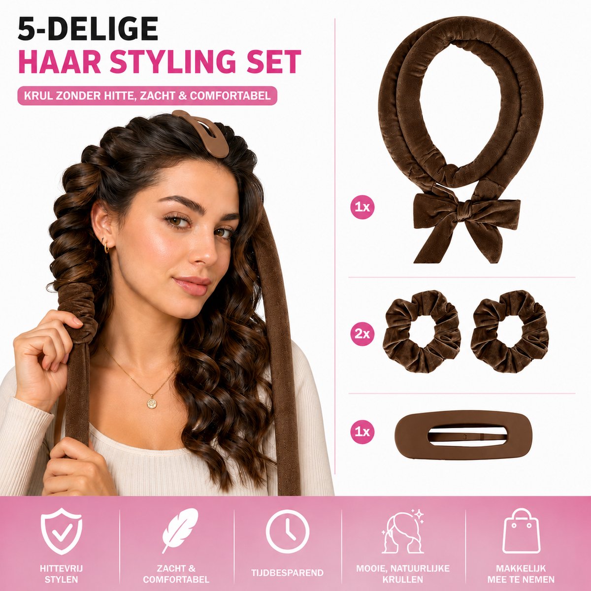 Lumière couture ® - Heatless curls - hittevrije haarkrullers - Haar styling - zonder hitte - Krullen - haar krullers - overnight - bruin