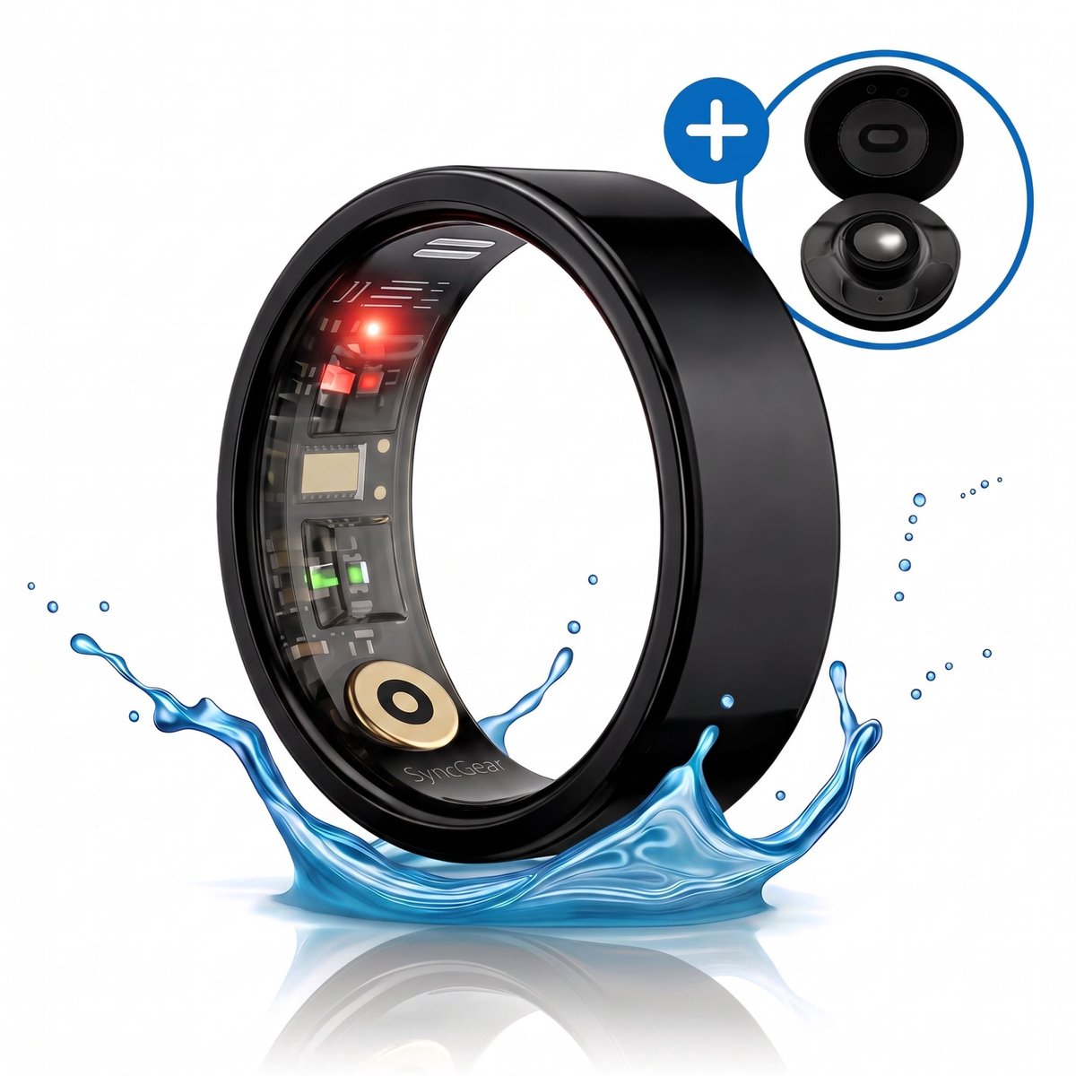SyncGear Smart Ring - Slimme Ring voor Heren & Dames Met Oplaadcase – Menstruatiecyclus - Activity Tracker - SpO2 - Stappenteller - Hartslagmeter - Nederlandse App - Maat 13 (Europese Maat 70) - Kleur: Zwart