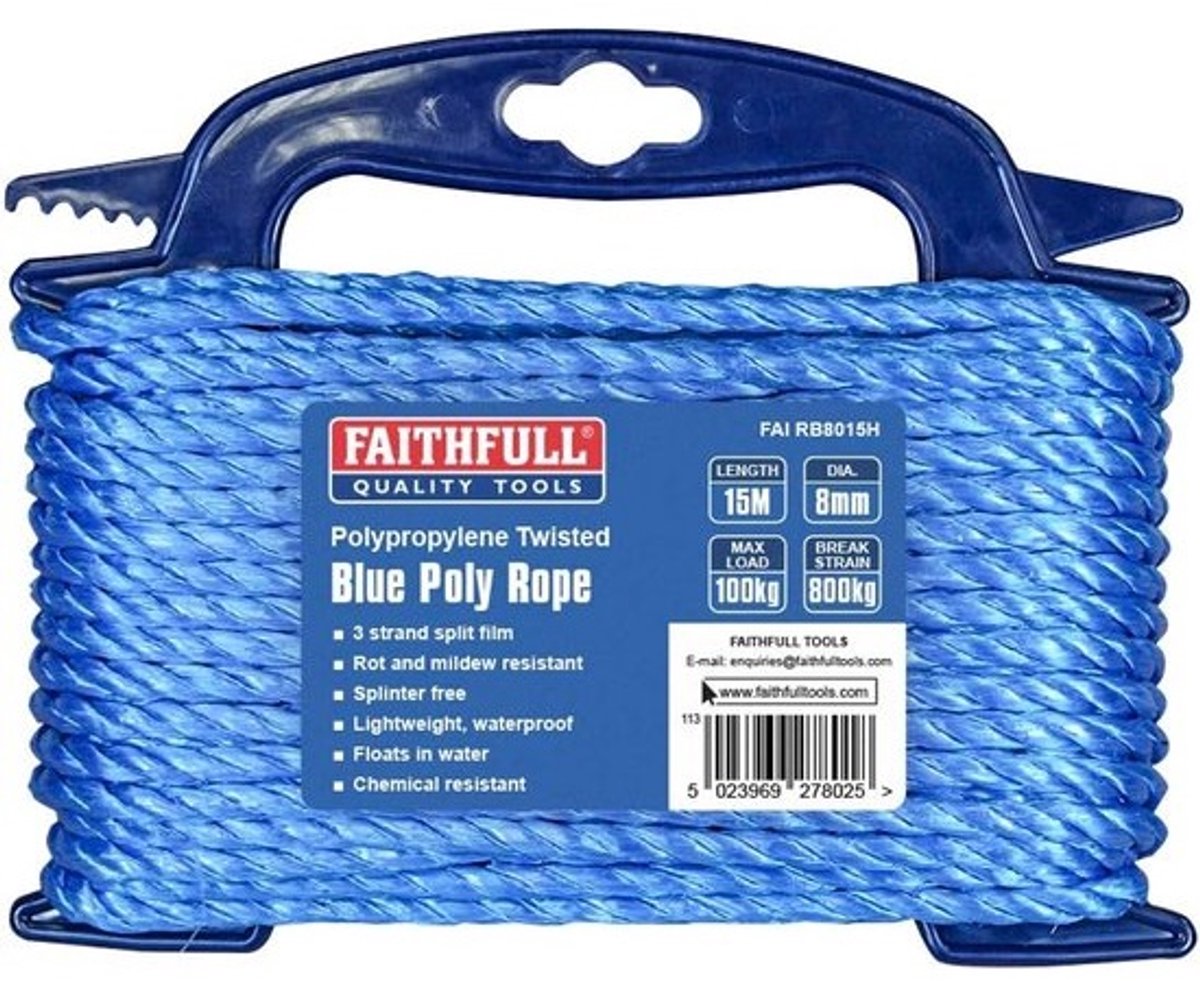Poly Rope - Bevestigingstouw - Algemeen Gebruik - Sterk en Duurzaam - 8mm 15m - Blauw