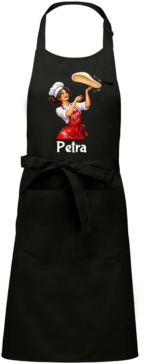 Luxe Horecaschort - Unisex Schort - Keukenschort - Barbecueschort - Kookschort - Halterschort - 76 x 90 cm - voorvak - verstelbaar - Pizza - vrouw - met naam - zwart