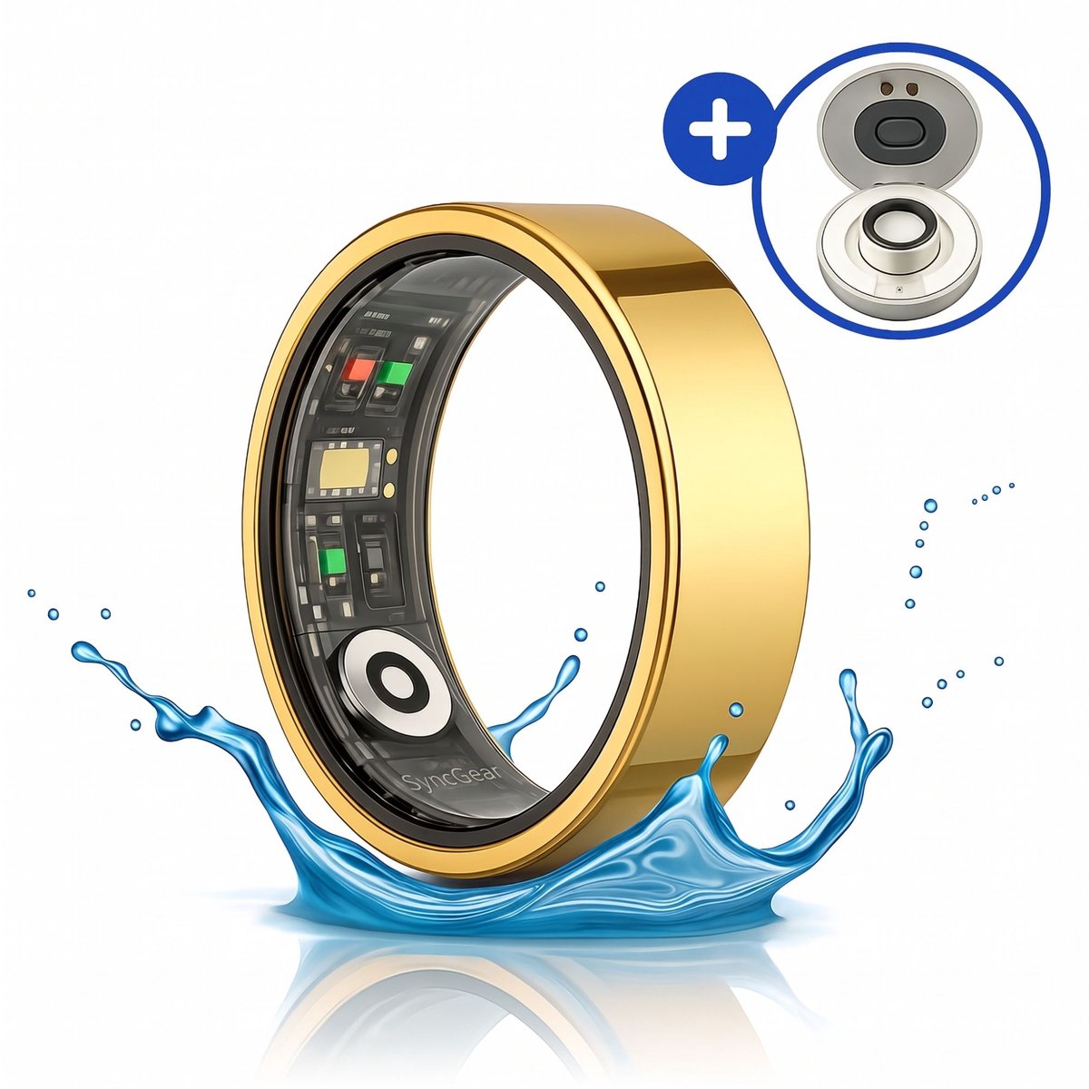 SyncGear Smart Ring - Slimme Ring voor Heren & Dames Inclusief Oplaadcase – Menstruatiecyclus - Activity Tracker - SpO2 - Stappenteller - Hartslagmeter - Nederlandse App - Maat 8 (Europese Maat 57) - Kleur: Goud
