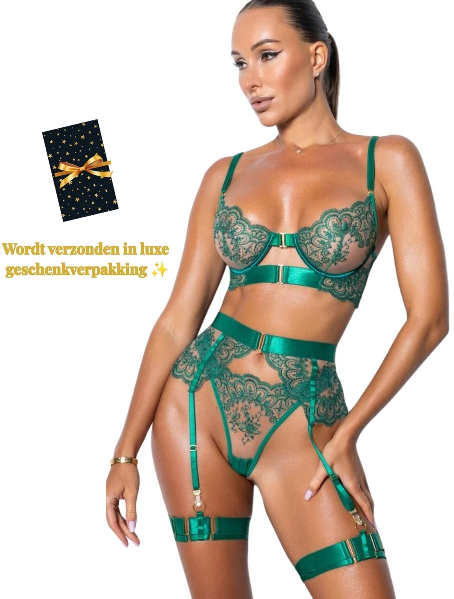 Luxe Lingerieset Dames – Lingerie Erotisch – Sexy Lingerie – 4-delige set – Smaragd Groen Kant – Lingerie Setje – Verleidelijke BH met Jarretels & Hoge Taille String –Sexy Lingerie –Chique – Luxe –Boudoir Look – Kinky – Erotisch – Maat XS/S, M, L, XL