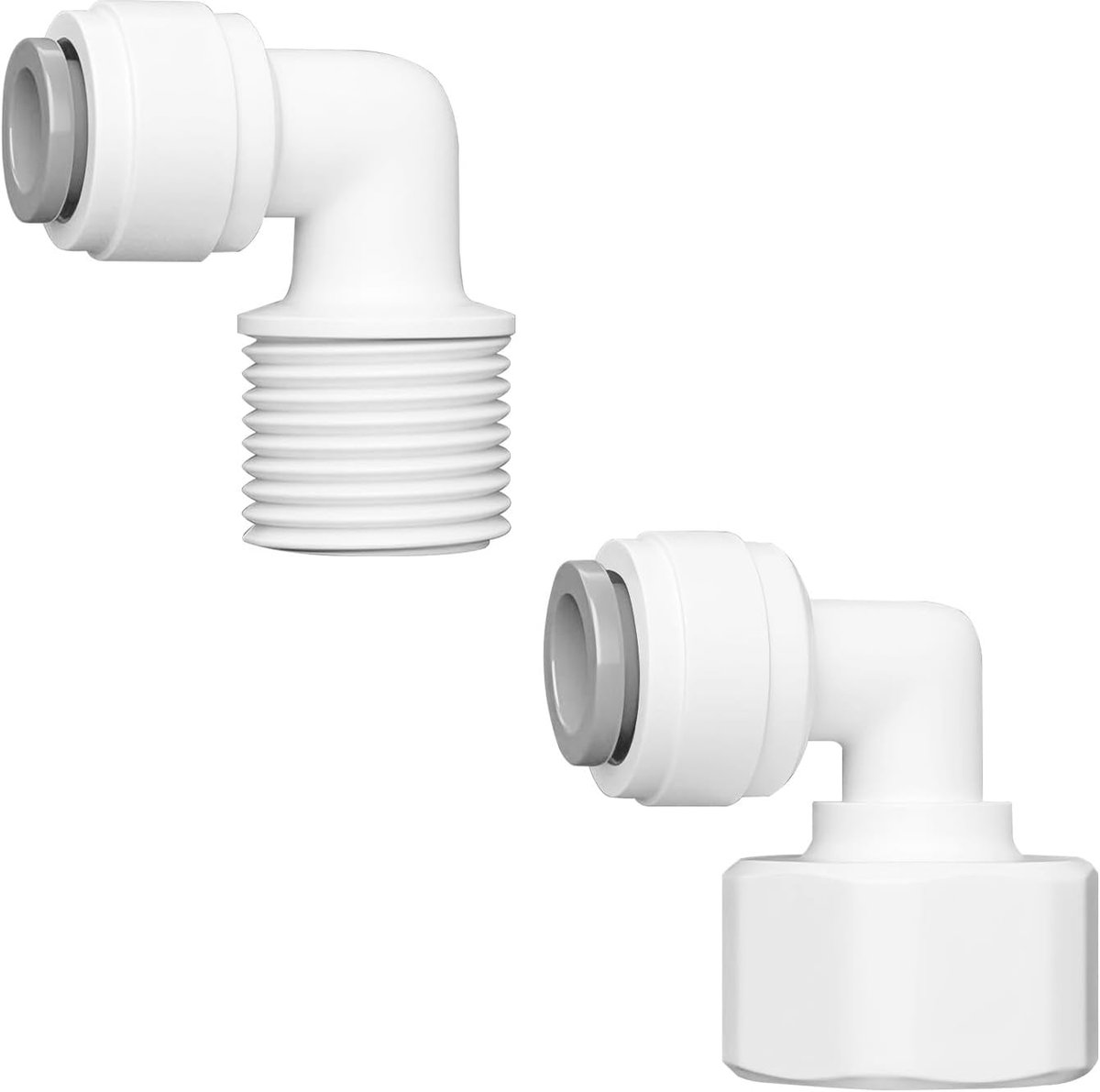Koppelingen – 2-delige snelkoppelingsset voor waterzuiveringssystemen: 1/2" buitendraad naar 3/8" haakse koppeling + 1/2" binnendraad naar 3/8" haakse koppeling- Voor het aansluiten van slangen in omgekeerde-osmose-waterzuiveringssystemen