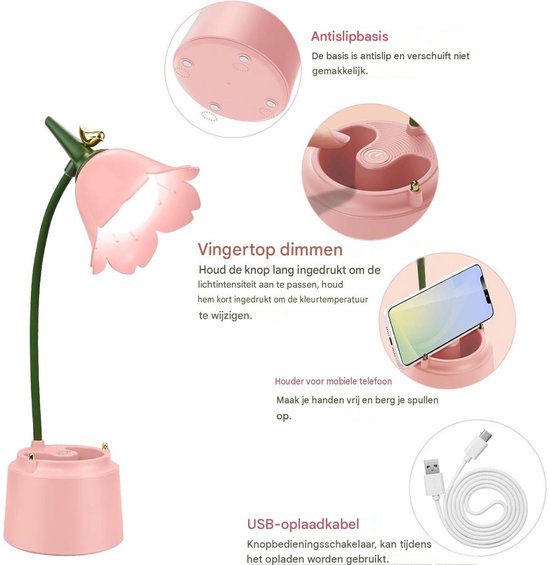 SSTRWGOOD Kinderbureaulamp met pennenhouder - Dimbaar LED-nachtlampje - 3 kleurtemperaturen - 360° draaibare arm - Oplaadbare lees- en studielamp - Roze — afbeelding 2
