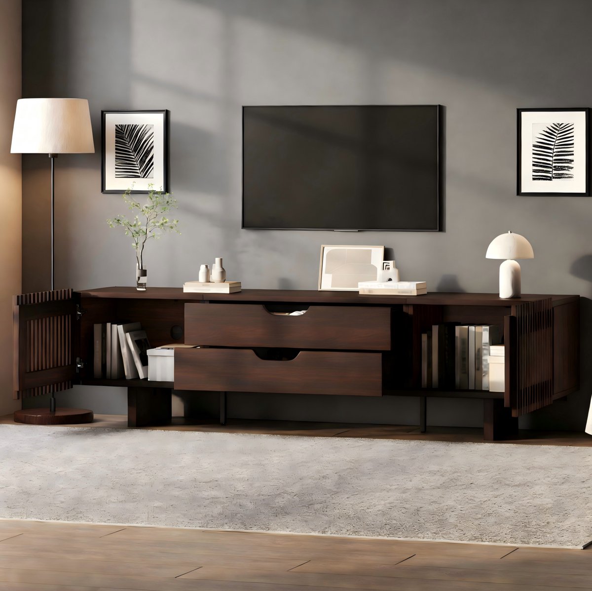 REDOM - TV-meubel - 2 lades - Lamellendeuren - Opbergfunctie - Klassieke stijl - Woonkamer - MDF en fineer - Donkere walnoot - 180 x 40 x 45 cm