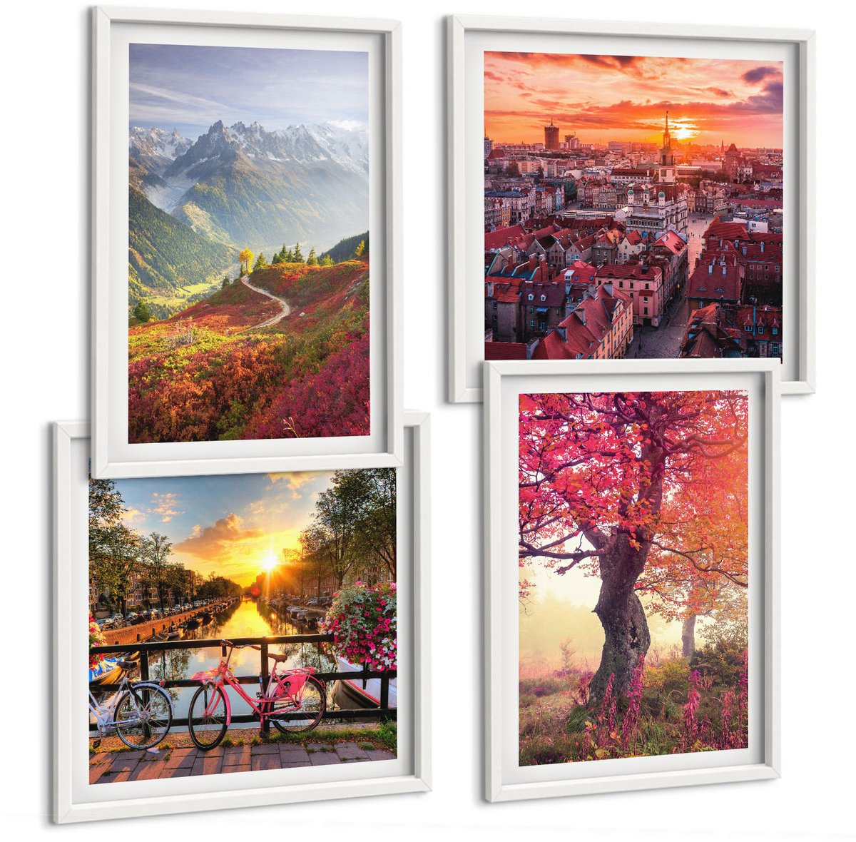 Wallfluent 4-Delige Schilderij Set - Berglandschappen Met Een Fiets En Een Herfstboom - 40 x 40 En 40 x 60 - Muurdecoratie - Wanddecoratie - Hal - Moderne Wanddecoratie