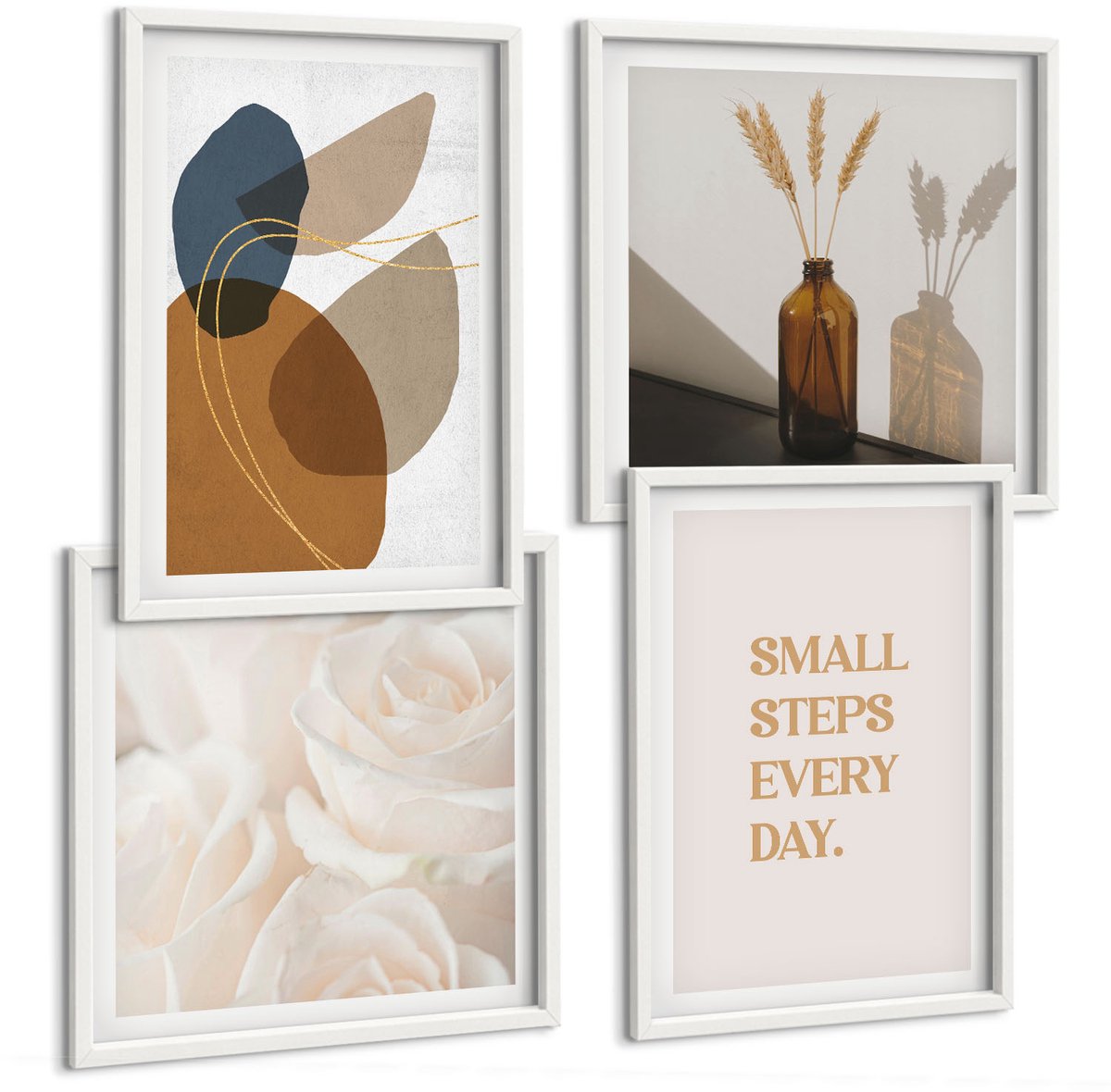 Wallfluent 4-Delige Schilderij Set - Abstracte Vormen En Natuurlijke Accenten Inbegrepen - 40 x 40 En 40 x 60 - Muurdecoratie - Decoratieve Schilderijen - Wohnzimmer - Stijlvolle Muurdecoratie
