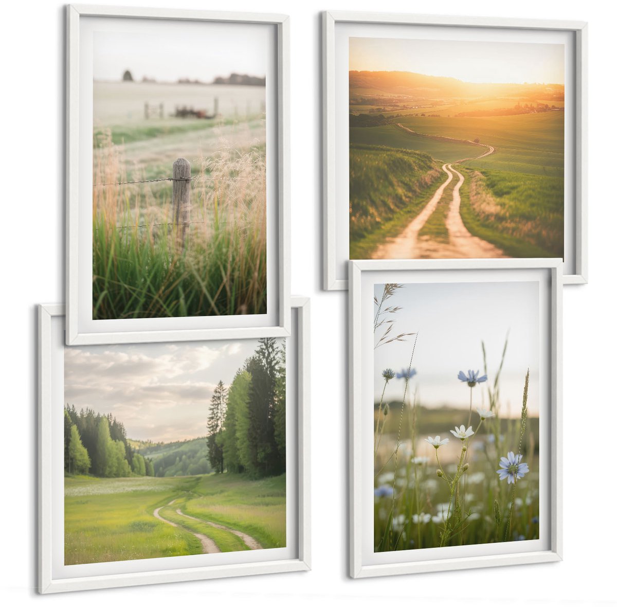 Wallfluent 4-Delige Schilderij Set - Natuurlandschappen Met Velden En Paden In De Zon. - 40 x 40 En 40 x 60 - Muurdecoratie - Schilderijen Set - Woonkamer - Stijlvolle Muurdecoratie