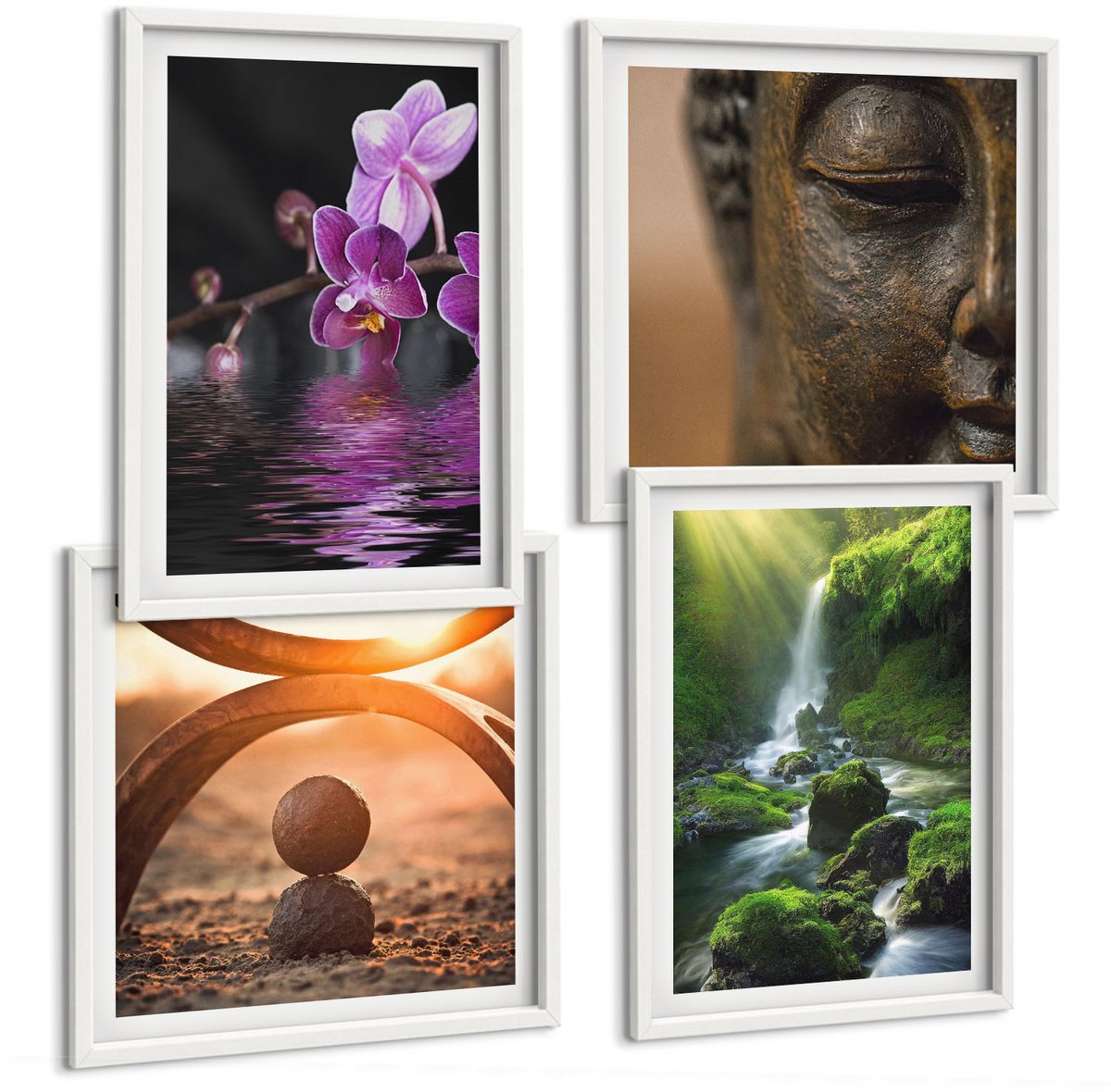 Wallfluent 4-Delige Schilderij Set - Bloemen In Het Water, Waterval Met Groene Rotsen, Boeddha - 40 x 40 En 40 x 60 - Muurdecoratie - Wanddecoratie - Slaapkamer - Interieur Decoratie