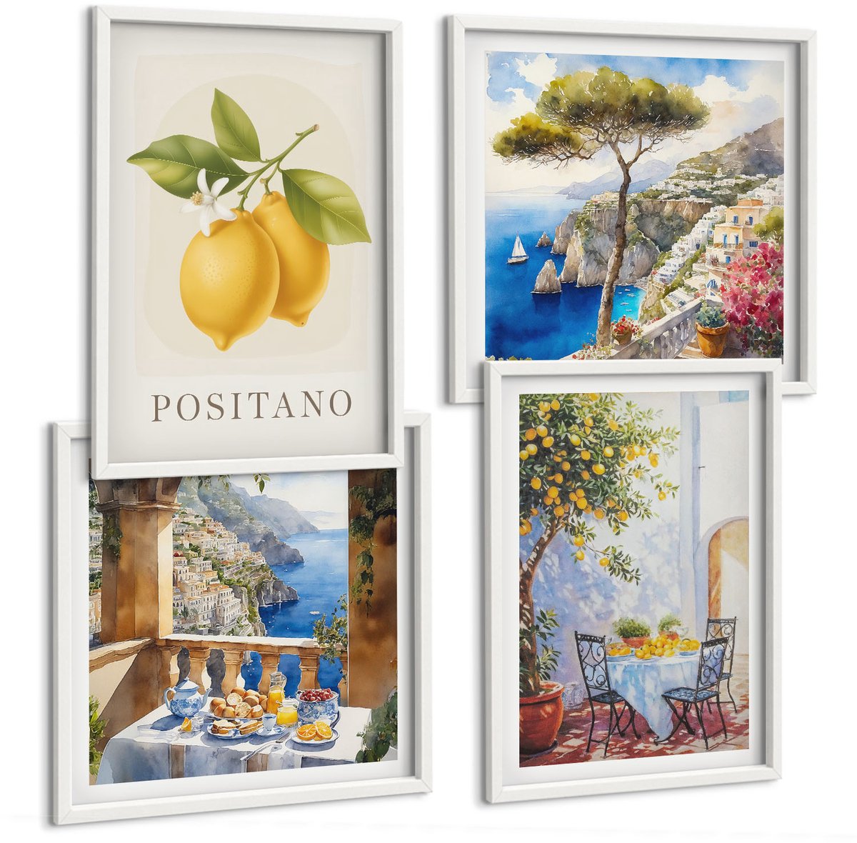 Wallfluent 4-Delige Schilderij Set - Uitzichten Op Positano Met Citroenen - Italiaanse Architectuur - 40 x 40 En 40 x 60 - Muurdecoratie - Wanddecoratie - Hal - Interieur Decoratie